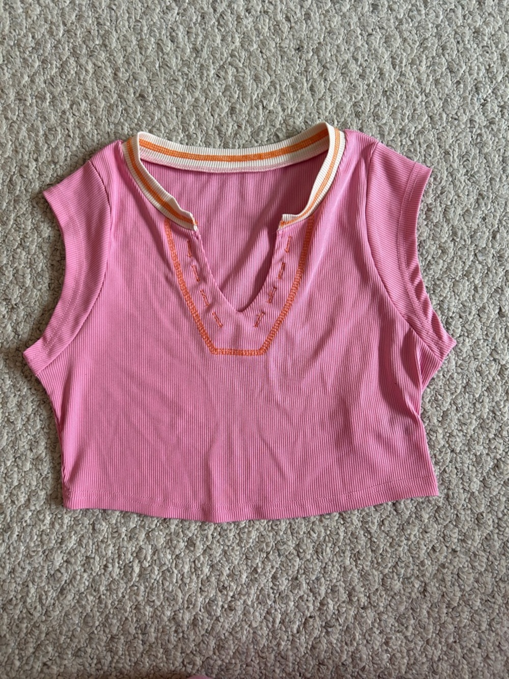 SHEIN Pink Ribbed Cropped Tank with Orange Contrast Trim